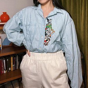 Vintage warner bros cartoon character embroidered denim shirt men's medium